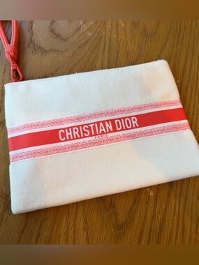 Red Dior White Terry Cotton Pouch with Coral Stripe